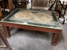 A mid century glazed brass banded map table. COLLECT ONLY