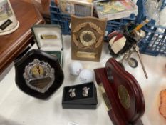 A mixed lot of golfing trophies, cuff links, decanter etc.