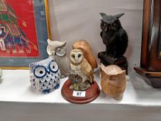 6 Owl ornaments of wood resin & pottery