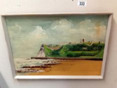 An oil on board of cliffs from the beach, possibly Whitby