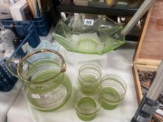 A vintage green glass juice set, A bowl & 1 other