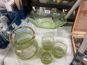 A vintage green glass juice set, A bowl & 1 other