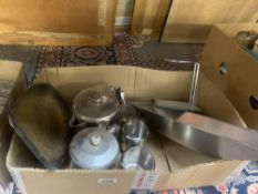 A box of stainless steel kitchen ware