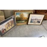 An ornate framed oil on canvas landscape painting and two vintage style sporting prints COLLECT ONLY