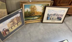 An ornate framed oil on canvas landscape painting and two vintage style sporting prints COLLECT ONLY