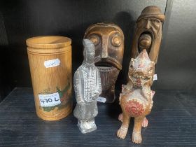 Five assorted wooden items including a dog of fo.