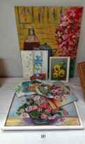 A quantity of still life paintings on board of flowers