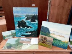 A selection of unframed oil on board paintings, various scenes & sizes