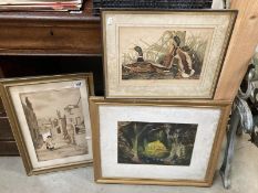 2 vintage prints and a mixed media watercolour/pastels picture. COLLECT ONLY