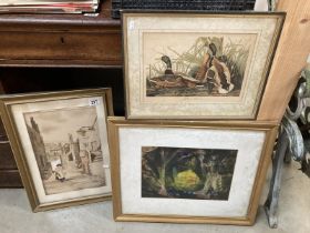 2 vintage prints and a mixed media watercolour/pastels picture. COLLECT ONLY