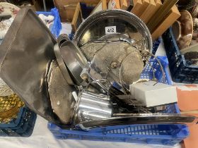 A box of plated metal ware including trays, model ship etc