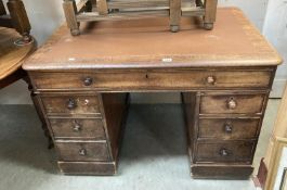 A Mahogany twin pedestal clerks desk with brown leather. COLLECT ONLY