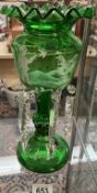 A green glass lustre (white painted decoration & 1 A/F dropper)