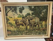 A Vintage oil on board of an African water buffalo. 68 x 51cm