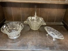 A lovely glass bowl with handle, a fruit bowl & shallow dish