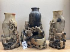 3 Soapstone vases including a pair