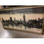 A large vintage framed & glazed print of Westminster lights by Ron Folland