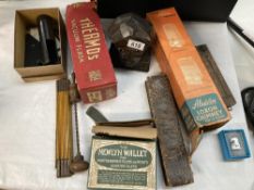 A mixed lot including old Thermos, Oil lamp, A Chimney, tools etc