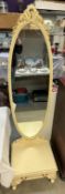 A French style cream cheval mirror on stand with drawer to base. COLLECT ONLY
