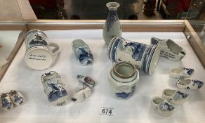 A collection of modern delft-type blue & white ornaments including Vases, Tankards, Clogs etc