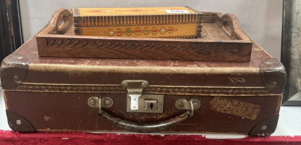 A small vintage suitcase, wooden tray & ornate pencil box - Image 2 of 2