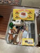 A mixed lot including old pipe, pen knives, matchbox cars etc