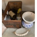 A vintage wooden crate (New Zealand apples) Dog shoe horn, Toast rack, Butter pots, large blue &