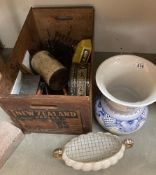 A vintage wooden crate (New Zealand apples) Dog shoe horn, Toast rack, Butter pots, large blue &