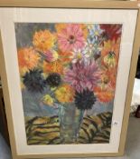 A very large framed and glazed watercolour of flowers