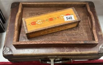 A small vintage suitcase, wooden tray & ornate pencil box