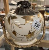 A vintage Sadler biscuit barrel with gold leaf decoration & a silver plated lid with cow handle