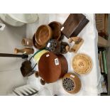 A quantity of wooden ware including Money box, Owl, Handle holders etc