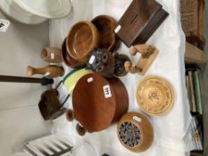 A quantity of wooden ware including Money box, Owl, Handle holders etc