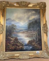 A gilt framed oil on canvas Victorian style landscape signed E.Walker