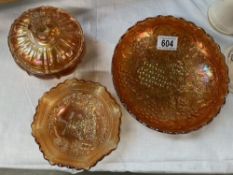 3 carnival ware glass pieces