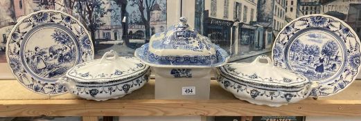 A quantity of black Blye and white including tureens