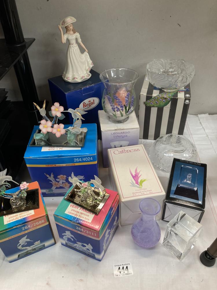 A quantity of boxed items including handmade glass humming birds, Caithness vase etc