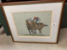 A painting of 2 race horses signed C.S Towe 92
