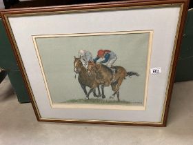 A painting of 2 race horses signed C.S Towe 92