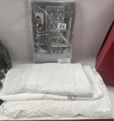 3 Vintage tablecloths & A new unopened white butterfly 84" panel