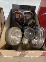 A box of vintage & classic motorcycle & car automobilia including A carbide lamp, AA Badge etc