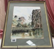 An unsigned watercolour of Ilam Rock, Dovedale. 39 x 46cm