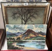 An oil on canvas mountain scene & oil on board of buildings