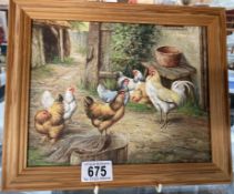 A framed oil on board farmyard picture with chickens 30 x 25cm