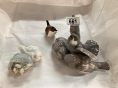 3 Bird figurines including Lladro Swans, Russian esque wren etc