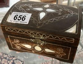 A Hardwood jewellery casket with mother of pearl & white metal inlay & contents including