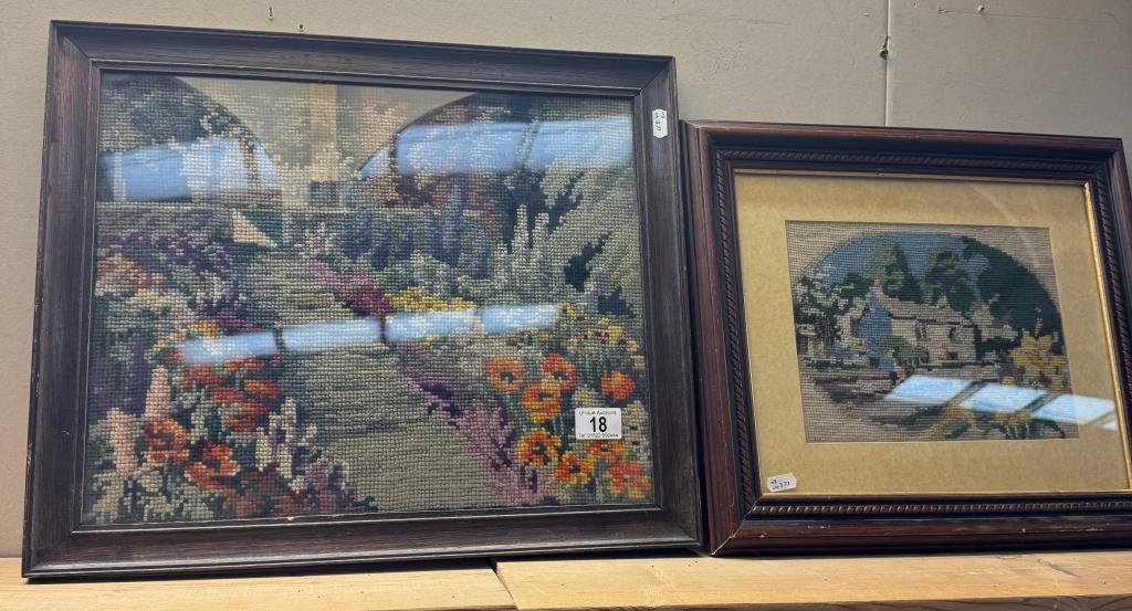 2 vintage framed & glazed tapestries