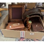 A box of wooden items etc including candlesticks, boxes & other items