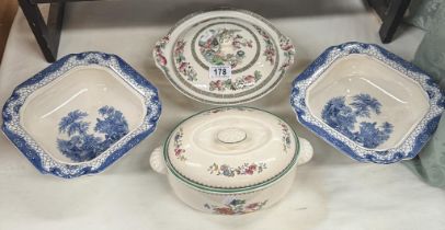 A Spode Chinese rose tureen, 2 blue & white dishes & A Johnsons tea tree lidded bowl