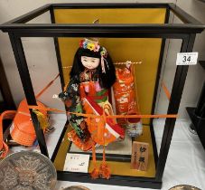 A Japanese water-bearer doll in a glassless case (Case frame only part disassembles)